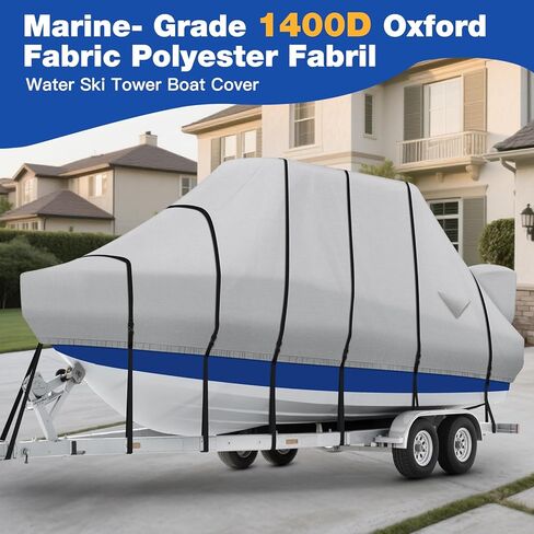 غطاء قارب T Top، غطاء قارب صلب مقاوم للماء عالي التحمل 1400D مع أبازيم معدنية وغطاء محرك لقارب وحدة التحكم المركزية مع سقف T TOP، يناسب 20'-22'L & 106 بوصة عرض، رمادي in Kuwait