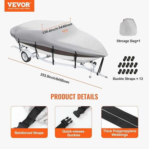 VEVOR Boat Cover, 17'-19' Trailerable Waterproof Boat Cover, 600D Marine Grade PU Oxford, with Motor Cover and Buckle Straps, for V-Hull, Tri-Hull, Runabout, Bass Boat, Fish Ski Boat, Grey in Saudi Arabia