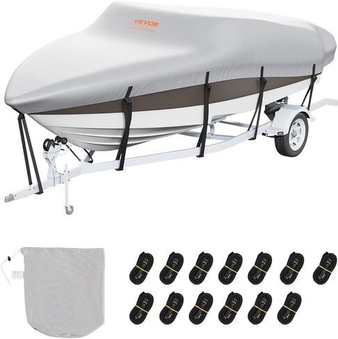 VEVOR Boat Cover, 17'-19' Trailerable Waterproof Boat Cover, 600D Marine Grade PU Oxford, with Motor Cover and Buckle Straps, for V-Hull, Tri-Hull, Runabout, Bass Boat, Fish Ski Boat, Grey in Saudi Arabia