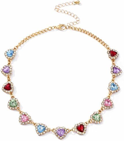Colorful Hearts Chain Necklace for Women,Dainty Multiple Cubic Zirconia Love Hearts Chain Choker for Woman Jewelry Gifts,Trendy Vintage Boho Necklaces in Kuwait