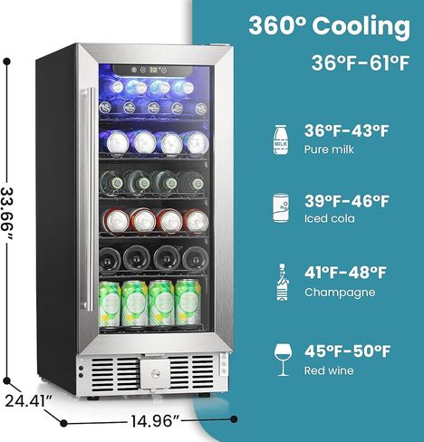 Antarctic Star 115 Can Beverage Refrigerator Cooler, 2.9 Cu.Ft Mini Fridge with Safety Lock, Beverage Cooler with Glass Door/LED Light/Adjustable Removable Shelves for Home/Office/Bar(Stainless Steel) in Saudi Arabia