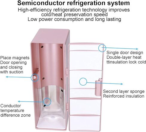 ثلاجة صغيرة محمولة ومبردة ودافئة - ثلاجة صغيرة حرارية باللون الذهبي الوردي مقاس 4.7 × 3.3 × 9.8 بوصة للعناية بالبشرة ومستحضرات التجميل والمشروبات والمكتب والسيارة - ثلاجة ذات استخدام مزدوج in Kuwait