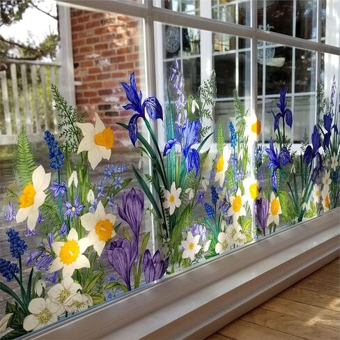 Botanical Springtime Flower Window Cling Decal. Crocuses, Ferns, Daffodils, Snowdrops. Home Decor Decoration for Glass. Spring Vinyl Sticker. Made in America. in Kuwait