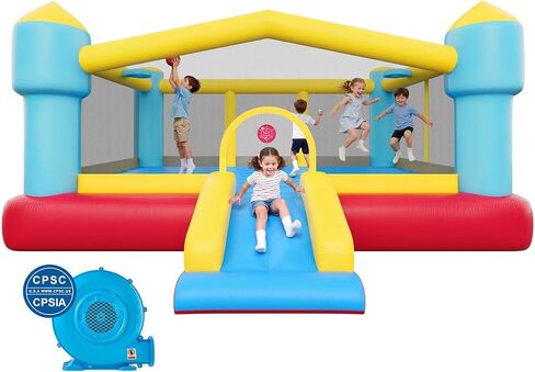 VEVOR Inflatable Bounce House, Outdoor High Quality Playhouse Trampoline, Jumping Bouncer with Blower, Slide, and Storage Bag, Family Backyard Bouncy Castle, for Kid Ages 3–8 Years, 160x94x96 inch in Kuwait