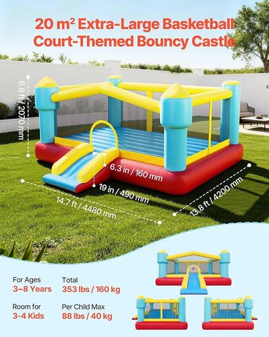 VEVOR Inflatable Bounce House, Outdoor High Quality Playhouse Trampoline, Jumping Bouncer with Blower, Slide, and Storage Bag, Family Backyard Bouncy Castle, for Kid Ages 3–8 Years, 160x94x96 inch in Kuwait