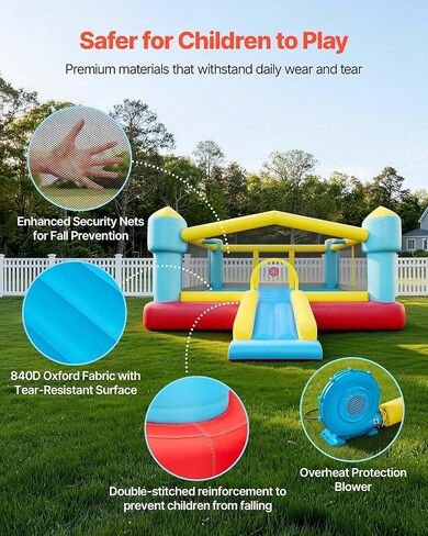 VEVOR Inflatable Bounce House, Outdoor High Quality Playhouse Trampoline, Jumping Bouncer with Blower, Slide, and Storage Bag, Family Backyard Bouncy Castle, for Kid Ages 3–8 Years, 160x94x96 inch in Kuwait