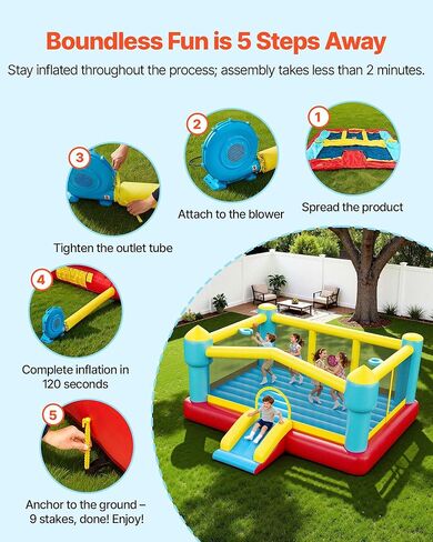 VEVOR Inflatable Bounce House, Outdoor High Quality Playhouse Trampoline, Jumping Bouncer with Blower, Slide, and Storage Bag, Family Backyard Bouncy Castle, for Kid Ages 3–8 Years, 160x94x96 inch in Kuwait