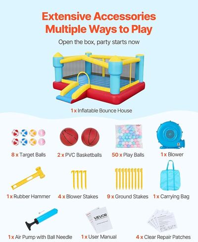 VEVOR Inflatable Bounce House, Outdoor High Quality Playhouse Trampoline, Jumping Bouncer with Blower, Slide, and Storage Bag, Family Backyard Bouncy Castle, for Kid Ages 3–8 Years, 160x94x96 inch in Kuwait