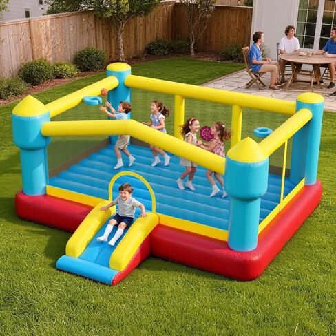 VEVOR Inflatable Bounce House, Outdoor High Quality Playhouse Trampoline, Jumping Bouncer with Blower, Slide, and Storage Bag, Family Backyard Bouncy Castle, for Kid Ages 3–8 Years, 160x94x96 inch in Kuwait