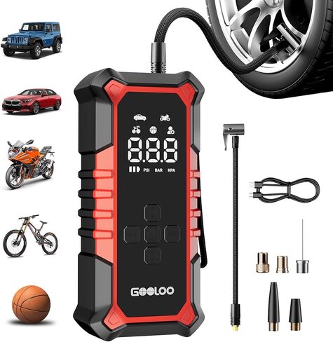 منفاخ إطارات GOOLOO A6 Gear ضاغط هواء محمول، منفاخ إطارات لاسلكي 160 رطل لكل بوصة مربعة مع مقياس ضغط رقمي وإضاءة LED، مضخة هواء لإطارات السيارات والدراجة والدراجات النارية والكرات in Kuwait