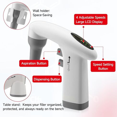 4E's USA Electric Pipette Filler for High-Volume 0.1-100ml, 4-Level Speed Control and Built-in 1600mAh Battery, LCD Display and Autoclavable Silicone Clip in Kuwait
