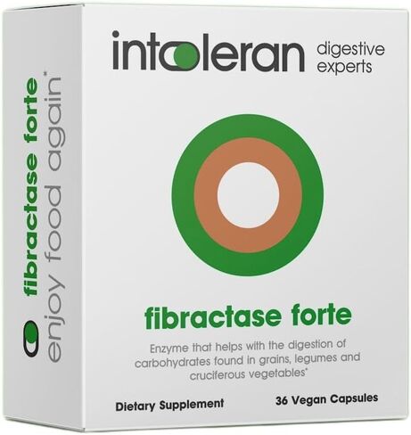 Intoleran Fibractase 1200 إنزيمات هضمية - 36 كبسولة | ملحق لعدم تحمل الفركتانز والجلاكتانز | يساعد على هضم الكربوهيدرات؛ حبوب وبقوليات وبصل وثوم وقمح | نقي ونباتي in Kuwait