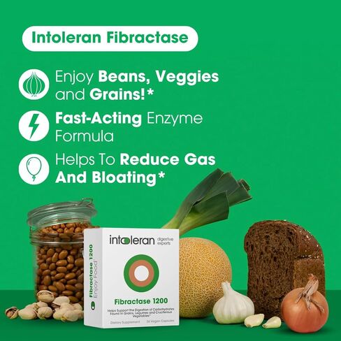 Intoleran Fibractase 1200 إنزيمات هضمية - 36 كبسولة | ملحق لعدم تحمل الفركتانز والجلاكتانز | يساعد على هضم الكربوهيدرات؛ حبوب وبقوليات وبصل وثوم وقمح | نقي ونباتي in Kuwait