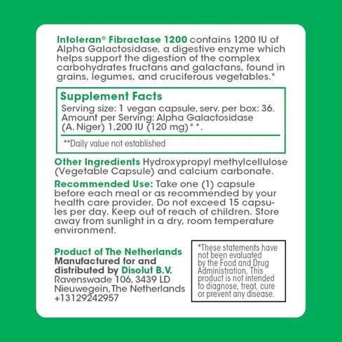 Intoleran Fibractase 1200 إنزيمات هضمية - 36 كبسولة | ملحق لعدم تحمل الفركتانز والجلاكتانز | يساعد على هضم الكربوهيدرات؛ حبوب وبقوليات وبصل وثوم وقمح | نقي ونباتي in Kuwait