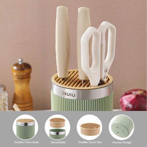 كتلة السكاكين بدون سكاكين، حامل كتلة السكاكين المستدير العالمي من OLULU، منظم تخزين السكاكين لتوفير المساحة لسطح الطاولة (لون أخضر + أصفر أنيق) in Kuwait