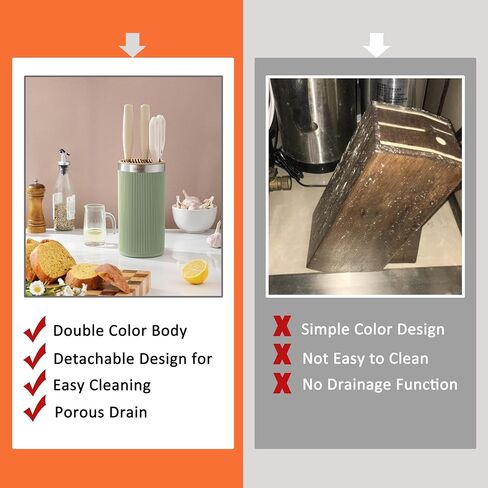 كتلة السكاكين بدون سكاكين، حامل كتلة السكاكين المستدير العالمي من OLULU، منظم تخزين السكاكين لتوفير المساحة لسطح الطاولة (لون أخضر + أصفر أنيق) in Kuwait