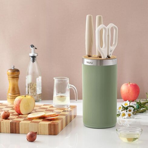 كتلة السكاكين بدون سكاكين، حامل كتلة السكاكين المستدير العالمي من OLULU، منظم تخزين السكاكين لتوفير المساحة لسطح الطاولة (لون أخضر + أصفر أنيق) in Kuwait