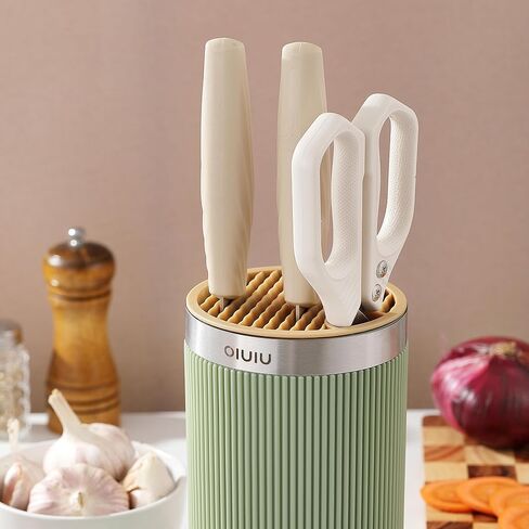 كتلة السكاكين بدون سكاكين، حامل كتلة السكاكين المستدير العالمي من OLULU، منظم تخزين السكاكين لتوفير المساحة لسطح الطاولة (لون أخضر + أصفر أنيق) in Kuwait