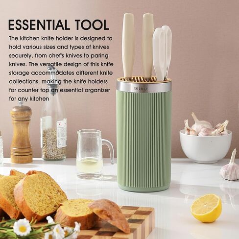 كتلة السكاكين بدون سكاكين، حامل كتلة السكاكين المستدير العالمي من OLULU، منظم تخزين السكاكين لتوفير المساحة لسطح الطاولة (لون أخضر + أصفر أنيق) in Kuwait