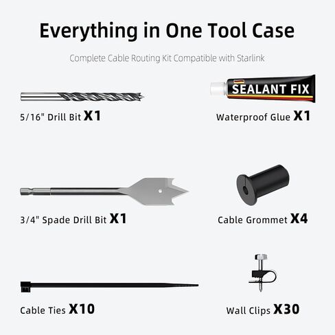 مجموعة توجيه كابل Starlink لمرور جدار الكابل من خلاله مع مجموعة حلقات تثبيت الكابل، وريشة مثقاب 3/4 بوصة و5/16 بوصة، ومشابك سلكية وروابط لطبق Starlink Gen 2/3 وإيثرنت صغير أو كابل الشبكة وإعداد الأسلاك in Kuwait