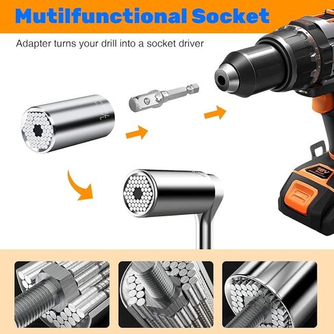 Geekman Fathers Day Dad Gifts from Daughter Son Wife, Silver Universal Socket Tools, Socket Set with Power Drill Adapter Stocking Stuffers for Men, Tools Gifts for Husband Dad DIY Handyman in Saudi Arabia