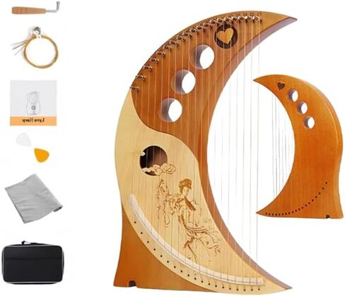 Lyre Harp Kit - 19-String Mini Harp Ergonomic Lap Harp Instrument with Tuner & Picks, Moon Design Traditional Classic Stringed Instruments (Brown) in Saudi Arabia