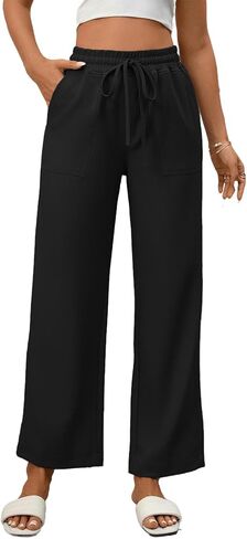 Wide Leg Palazzo Pants for Women Casual Loose Drawstring Vacation Beach Cotton Linen Trousers with Pockets in Saudi Arabia