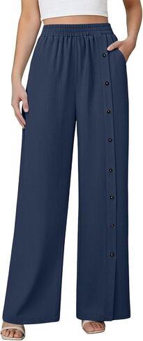 Cotton Linen Pants for Women Summer Casual Capri Pant Straight Leg Button Elastic Waist Beach Trousers with Pockets in Saudi Arabia