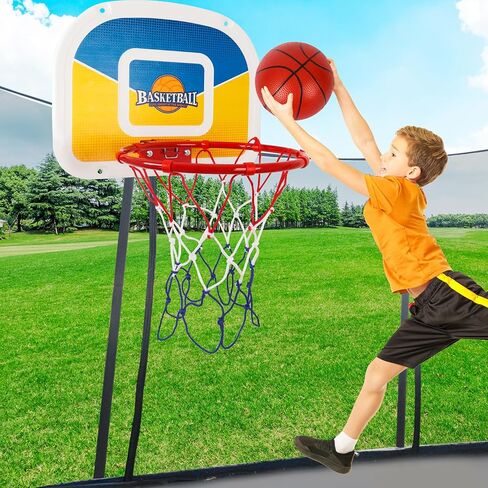Trampoline Parts Trampoline Basketball Hoop, Teenager Basketball Hoop for Trampoline with Pump and 2 Mini Ball, Fit for Straight Pole (Blue Yellow 17inch) in Saudi Arabia