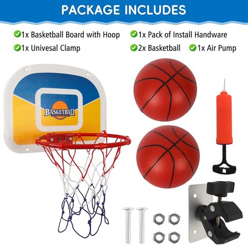 Trampoline Parts Trampoline Basketball Hoop, Teenager Basketball Hoop for Trampoline with Pump and 2 Mini Ball, Fit for Straight Pole (Blue Yellow 17inch) in Saudi Arabia