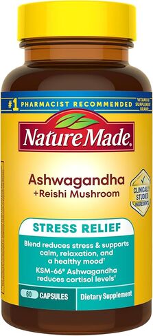 Nature Made Ashwagandha KSM 66 + كبسولات فطر الريشي، مزيج تخفيف التوتر من أشواغاندا ومكمل الفطر، 60 كبسولة، كمية تكفي 30 يومًا in Saudi Arabia