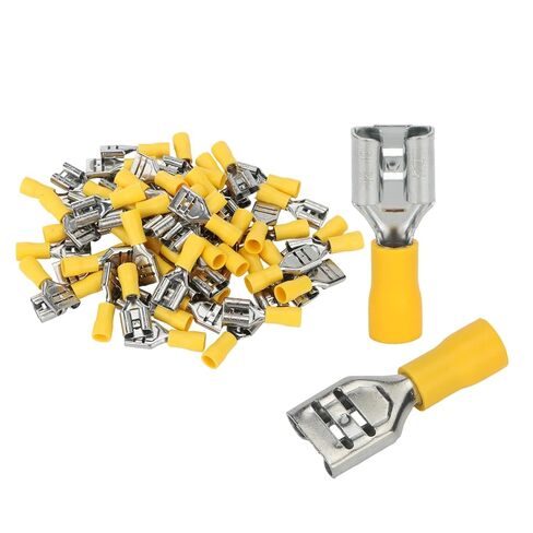 Baomain 0.375" Female Quick Disconnect Spade Terminals,Insulated Crimp Connectors 12-10 AWG 9.5mm,Yellow, Pack of 50 in Kuwait
