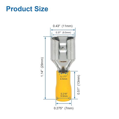 Baomain 0.375" Female Quick Disconnect Spade Terminals,Insulated Crimp Connectors 12-10 AWG 9.5mm,Yellow, Pack of 50 in Kuwait