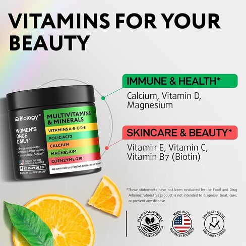 Daily Multivitamin for Energy & Immune Support - Zinc, Vitamins A B6 B12 C D E, Biotin, Lutein, Folate, Folic Acid, Selenium, Copper, Calcium 25mg - Multimineral Supplement for Women Men, 60 Capsules in Kuwait