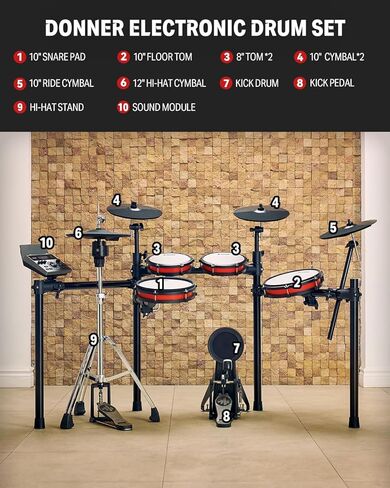 Donner Electric Drum Set, DED-200 Pro Electronic Drum Kit with Standalone Hi-Hat, Dual-Zone 10 Inch Mesh Snare and Independent Kick Drum for Advanced Drummer, 5 Pads 4 Cymbals in Saudi Arabia