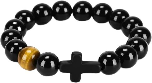 Men's Cross Bracelet - Black Natural Stone Bead Stretch Bracelet, Spiritual Gifts for Husband Boyfriend Dad Son in Saudi Arabia
