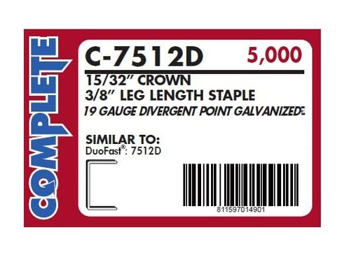 Complete C-7512D, 19 GA 3/8" Leg Length x 15/32" Crown Fine Wire Staples, 5000 per Package, Similar to Duo-Fast 75 Series Staples, Divergent Point Galvanized, for Installing Carpet Padding in Kuwait