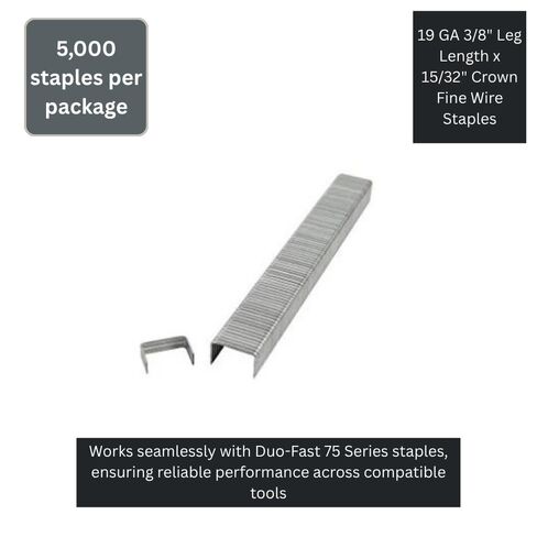 Complete C-7512D, 19 GA 3/8" Leg Length x 15/32" Crown Fine Wire Staples, 5000 per Package, Similar to Duo-Fast 75 Series Staples, Divergent Point Galvanized, for Installing Carpet Padding in Kuwait