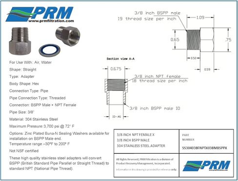 محول من الفولاذ المقاوم للصدأ 3/8 بوصة NPT أنثى × 3/8 بوصة BSPP ذكر مع غسالة مانعة للتسرب، غسالة فولاذية مطلية بالزنك مع ختم Buna-N، أقصى ضغط 3700 رطل لكل بوصة مربعة، نطاق درجة الحرارة -30 درجة فهرنهايت إلى 200 درجة فهرنهايت in Kuwait
