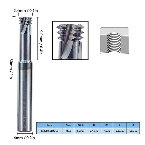 Fydun Tungsten Steel Thread Milling Cutter 3 Tooth CNC Tool M3x0.5xD4x50 for Metalworking in Saudi Arabia