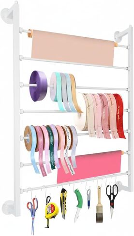 Ribbon Storage Organizer 7 tier Wall Mounted Ribbon Rack Ideal for Wrapping Paper Scarf Tie Belt Towel, Metal Ribbon Storage for Craft Room Flower Store Scarf Belt-with Hooks in Saudi Arabia
