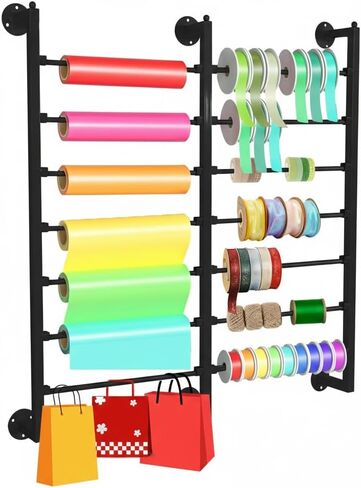 Ribbon Storage Organizer 7 tier Wall Mounted Ribbon Rack Ideal for Wrapping Paper Scarf Tie Belt Towel, Metal Ribbon Storage for Craft Room Flower Store Scarf Belt-with Hooks in Saudi Arabia