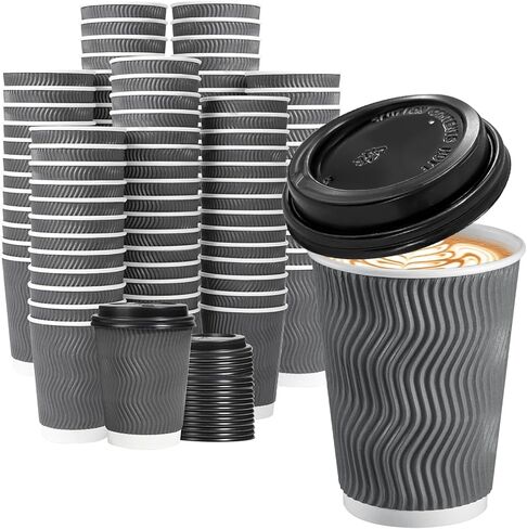 Lamosi 50 Pack 16 oz Insulated Disposable Coffee Cups with Lids, To Go Paper Coffee Cups with Lids, Corrugated Ripple Wall Cup for Hot Drink, Office, Coffee Bar in Saudi Arabia