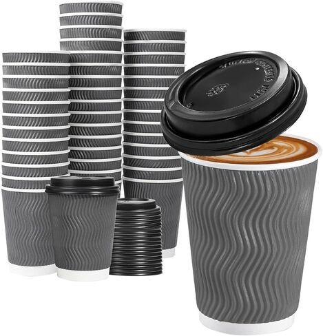 Lamosi 50 Pack 16 oz Insulated Disposable Coffee Cups with Lids, To Go Paper Coffee Cups with Lids, Corrugated Ripple Wall Cup for Hot Drink, Office, Coffee Bar in Saudi Arabia