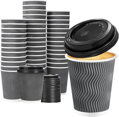 Lamosi 50 Pack 16 oz Insulated Disposable Coffee Cups with Lids, To Go Paper Coffee Cups with Lids, Corrugated Ripple Wall Cup for Hot Drink, Office, Coffee Bar in Saudi Arabia
