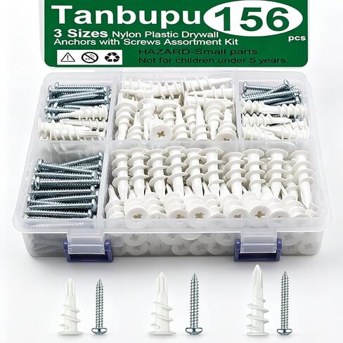 310PCS Self Drilling Drywall Anchors and Screws for Drywall,3 Sizes Nylon Plastic Wall Anchors,13x40mm,15x33mm,14x43mm,No Pre Drill Hole Preparation Required in Kuwait