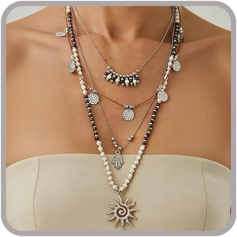 Boho Necklace Layered Western Necklaces for Women Bohemian Turquoise Beaded Necklaces Gold Coin Sun Pendant Necklace Country Concert Western Jewelry Set Cowboy Cowgirl Accessories in Saudi Arabia