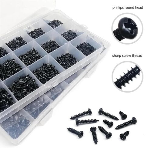 1 Kit Black Steel Phillips Pan Cross Round Head Self-Tapping Wood Screw Mix M1 M1.2 M1.4 M1.7 M2 M2.6 M3 M4 Assortment Set(Set E 1000pcs) in Saudi Arabia