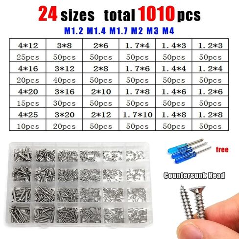250-1010 قطعة 1 صندوق M1.2 M1.4 M1.7 M2 M3 M4 فيليبس شقة غاطسة مستديرة عموم رئيس الخشب الذاتي التنصت المسمار مزيج أحجام مجموعة 304 الفولاذ المقاوم للصدأ (غاطسة 1010 قطعة) in Kuwait