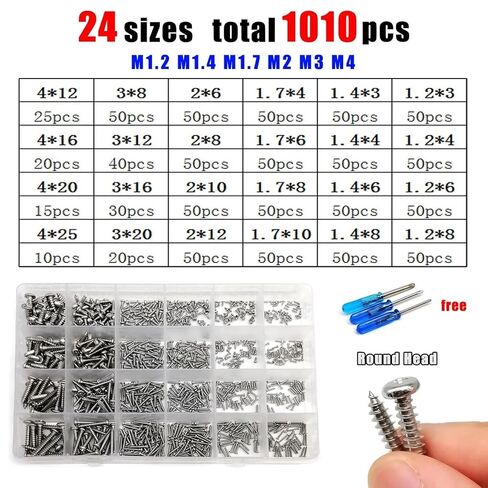 250-1010 قطعة 1 صندوق M1.2 M1.4 M1.7 M2 M3 M4 فيليبس شقة غاطسة مستديرة عموم رئيس الخشب الذاتي التنصت المسمار مزيج أحجام مجموعة 304 الفولاذ المقاوم للصدأ (1010 قطعة مستديرة) in Kuwait